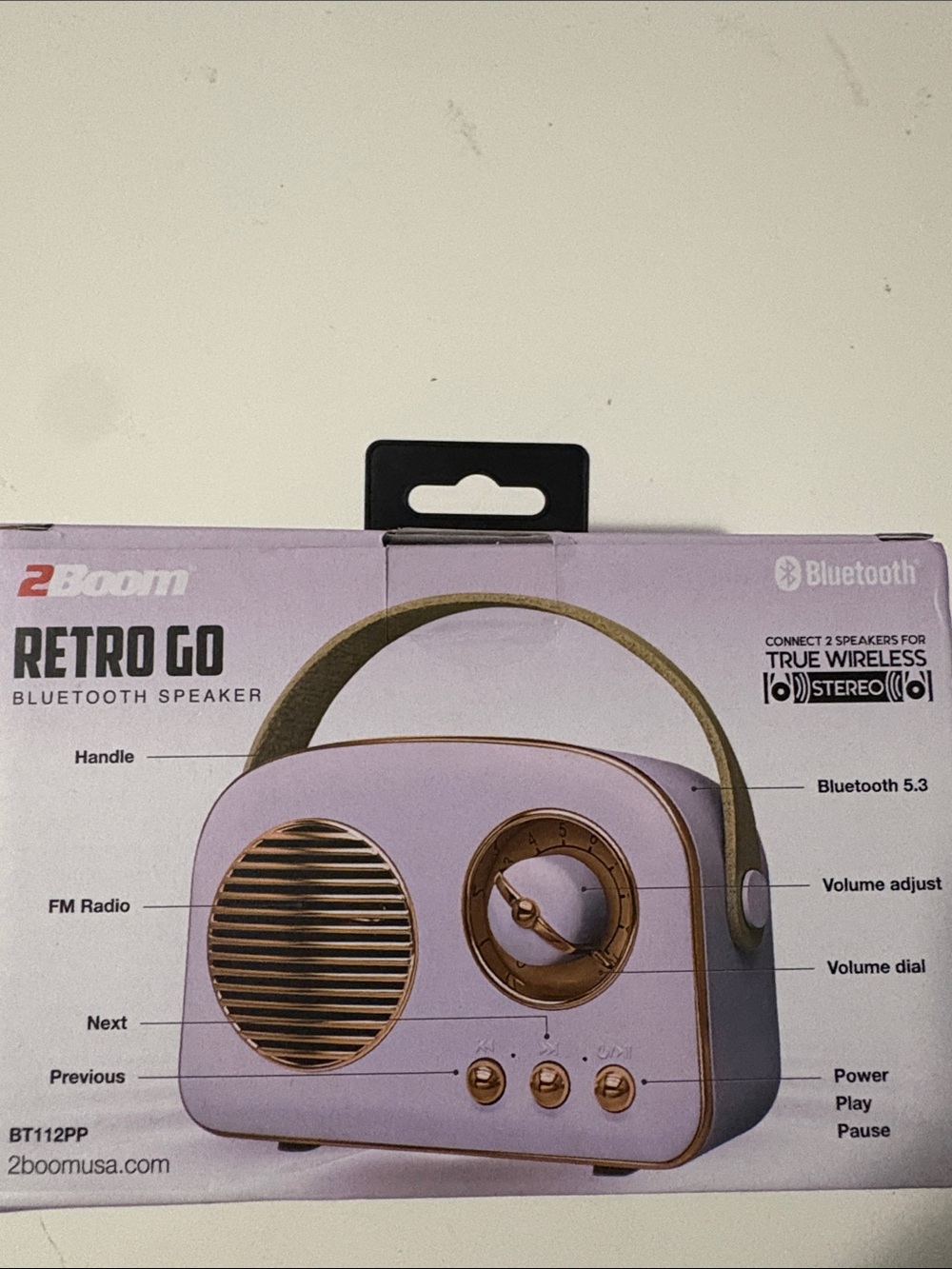 Retro Go Portable Bluetooth Speaker in Lavender with Gold Accents